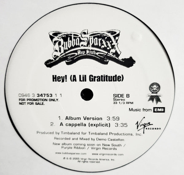 Bubba Sparxxx : Hey! (A Lil Gratitude) (12", Promo)