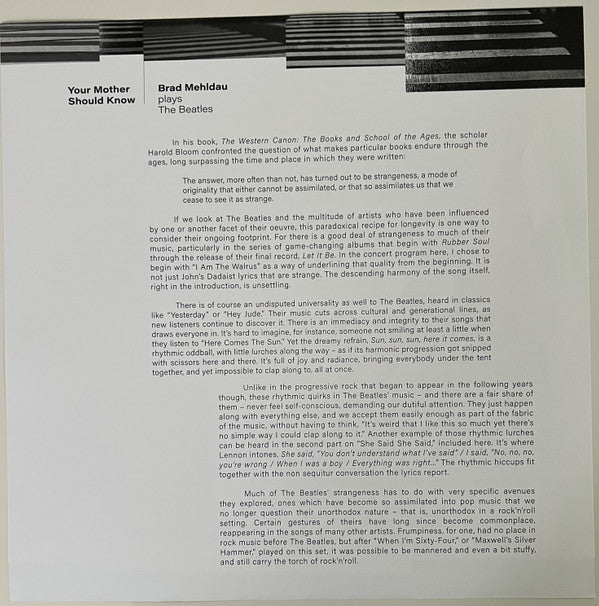 Brad Mehldau : Your Mother Should Know: Brad Mehldau Plays The Beatles (LP)