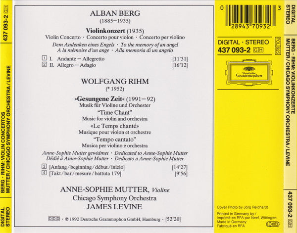 Alban Berg / Wolfgang Rihm - Anne-Sophie Mutter, The Chicago Symphony Orchestra, James Levine (2) : Violinkonzert · Violin Concerto / »Gesungene Zeit · Time Chant« (CD, Album)