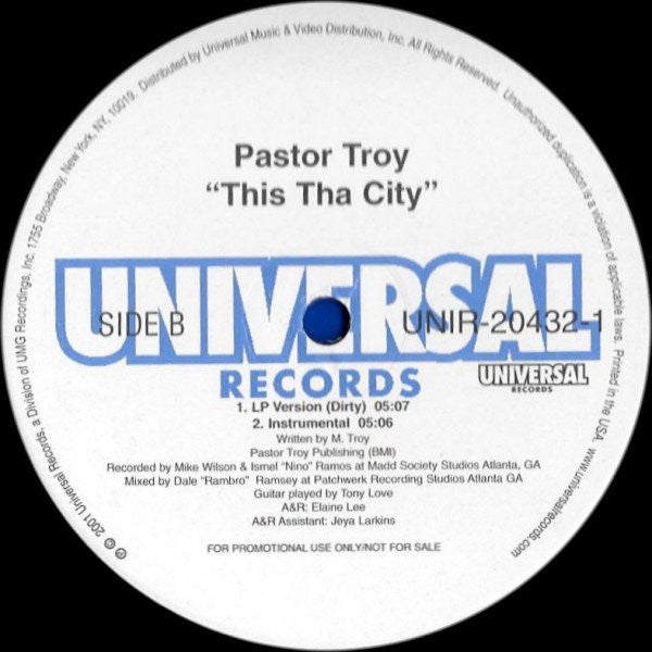 Pastor Troy : This Tha City (12", Promo)