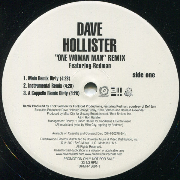 Dave Hollister Featuring Redman : One Woman Man (Remix) (12", Promo)