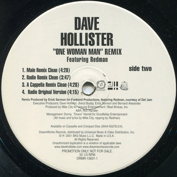 Dave Hollister Featuring Redman : One Woman Man (Remix) (12", Promo)