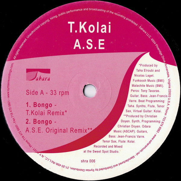T.Kolai & A.S.E. : Bongo (Remixes) (12")