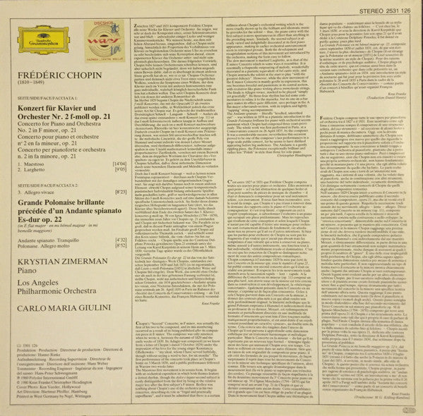 Frédéric Chopin - Krystian Zimerman • Los Angeles Philharmonic Orchestra • Carlo Maria Giulini : Klavierkonzert • Piano Concerto No. 2 •  Andante Spianato Et Grande Polonaise Brillante (LP, Album)
