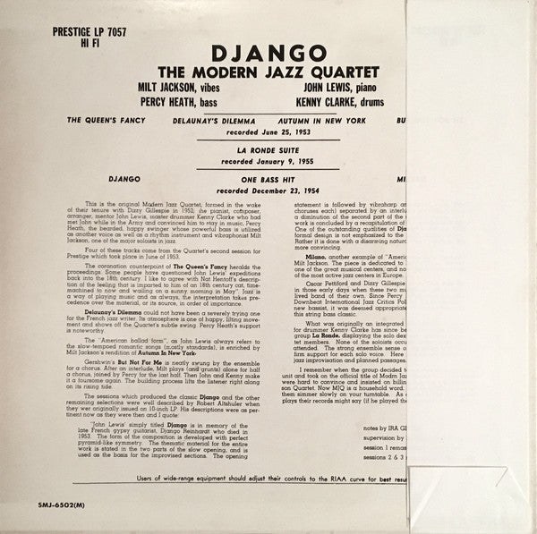 The Modern Jazz Quartet : Django (LP, Album, Mono, RE, RM)