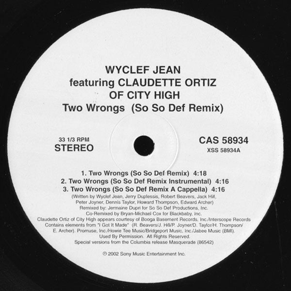 Wyclef Jean : Two Wrongs (So So Def Remix) (12")