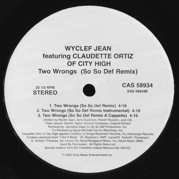 Wyclef Jean : Two Wrongs (So So Def Remix) (12")