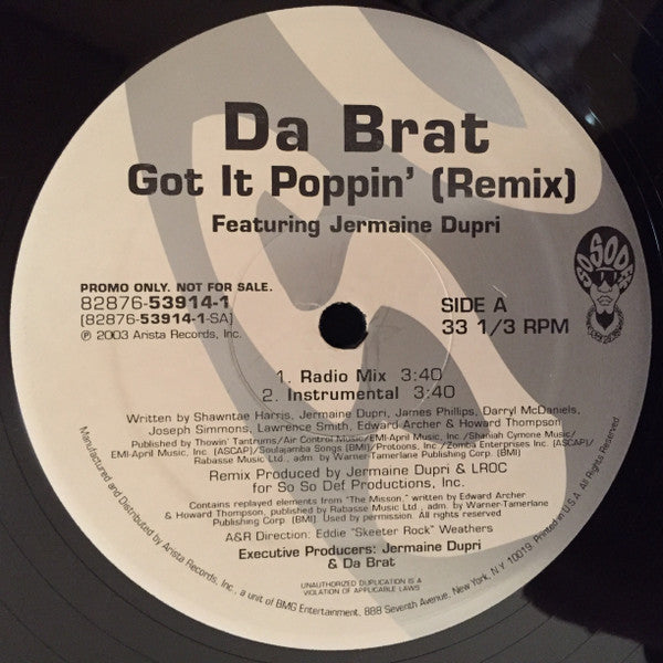 Da Brat Featuring Jermaine Dupri : Got It Poppin' (Remix) (12", Promo)