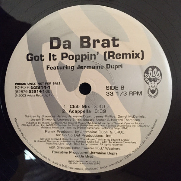 Da Brat Featuring Jermaine Dupri : Got It Poppin' (Remix) (12", Promo)