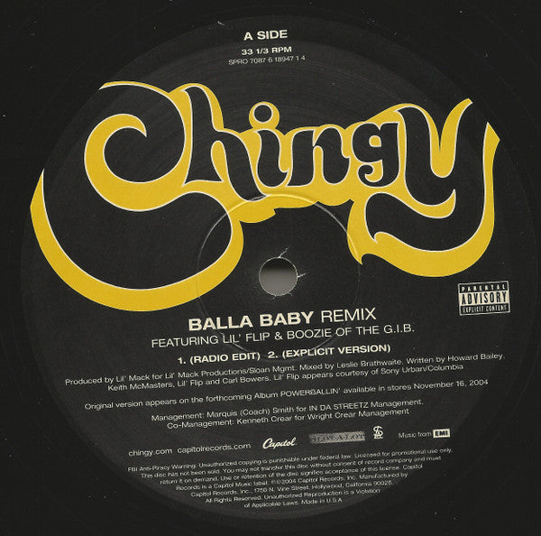 Chingy Featuring Lil' Flip And Boozie : Balla Baby (Remix) (12", Promo)