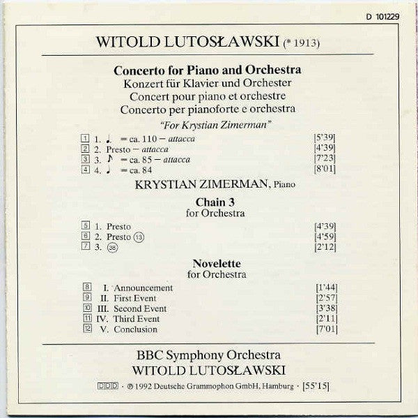 Witold Lutoslawski â€?Krystian Zimerman, BBC Symphony Orchestra, Witold Lutoslawski : Piano Concerto â€?Chain 3 â€?Novelette (CD, Album, Club)