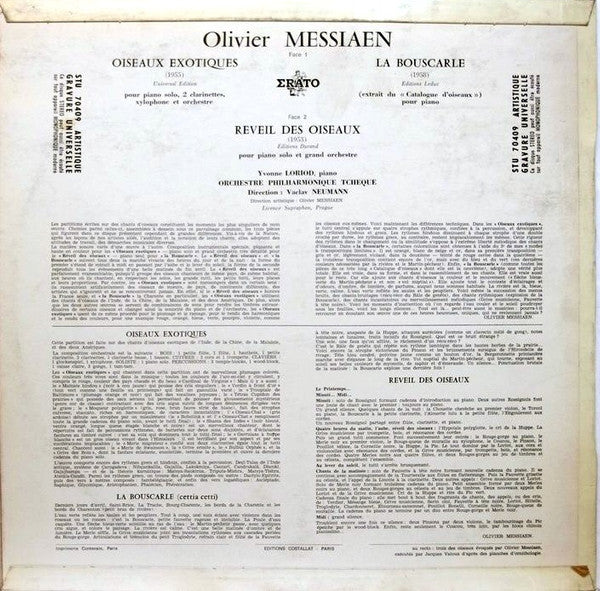 Olivier Messiaen - Yvonne Loriod, The Czech Philharmonic Orchestra / Dir. Václav Neumann : Oiseaux Exotiques - La Bouscarle / Réveil Des Oiseaux (LP)