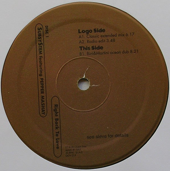 Subsystem featuring Pepper Mashay : Right Back To Love (2x12")