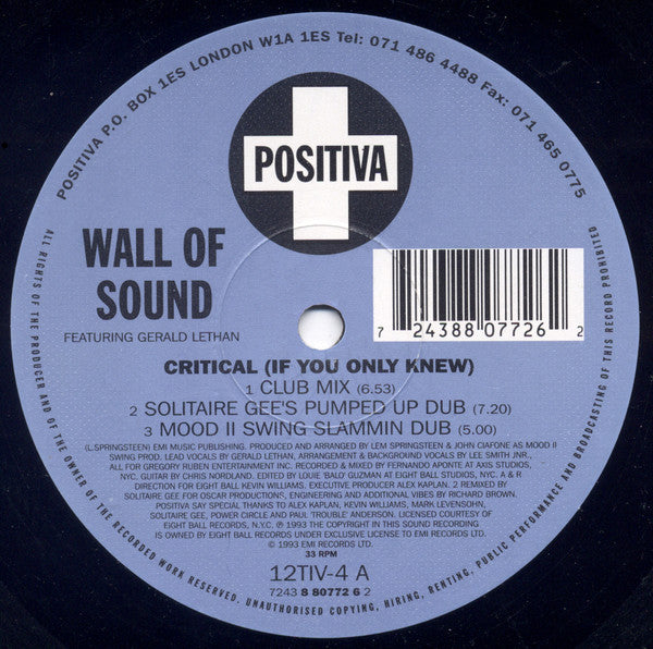 Wall Of Sound Featuring Gerald Latham : Critical (If You Only Knew) (12")