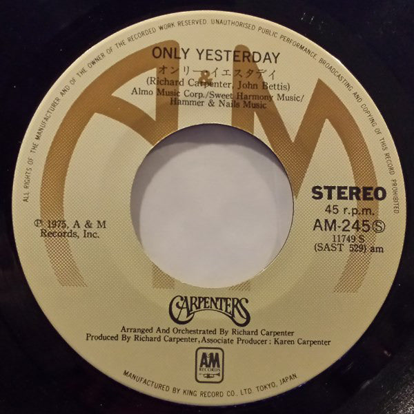 Carpenters : Only Yesterday / Happy (7", Single)