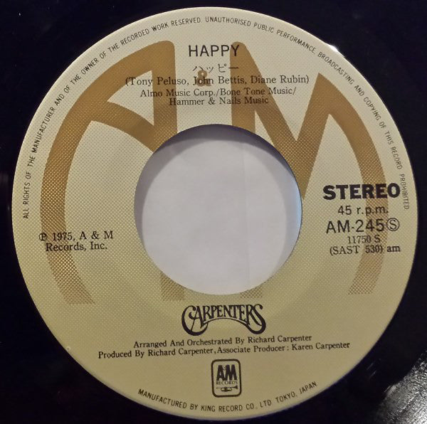 Carpenters : Only Yesterday / Happy (7", Single)