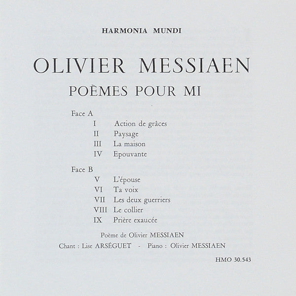 Olivier Messiaen / Lise Arséguet : Poèmes Pour Mi (LP, Album)