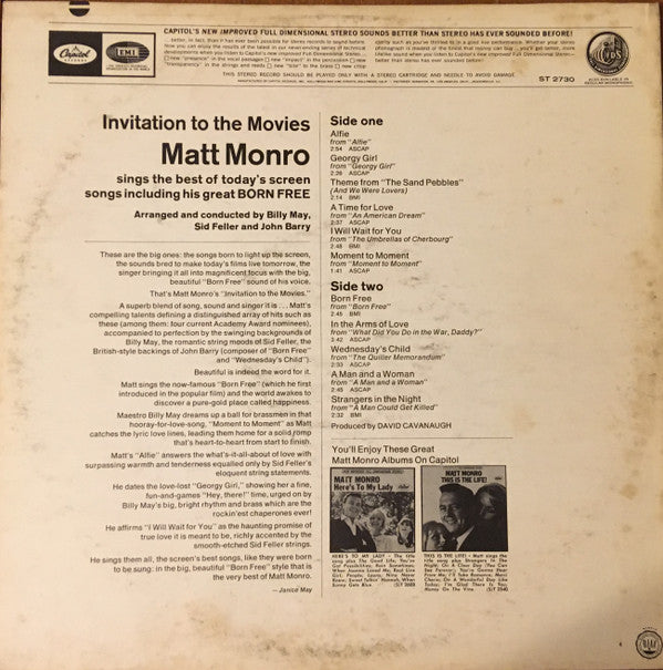 Matt Monro : Born Free (Invitation To The Movies) (LP, Los)