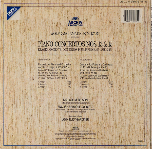 Wolfgang Amadeus Mozart - Malcolm Bilson â€?The English Baroque Soloists â€?John Eliot Gardiner : Piano Concertos Nos. 13 & 15 â€?Klavierkonzerte â€?Concertos Pour Piano K.415 & K.450 (LP, Album)