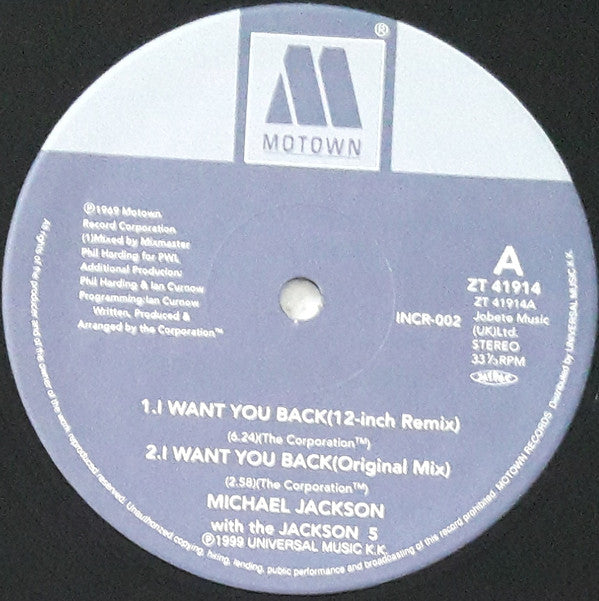 Michael Jackson With The Jackson 5 : I Want You Back '88 Remix (12", Single, RE)