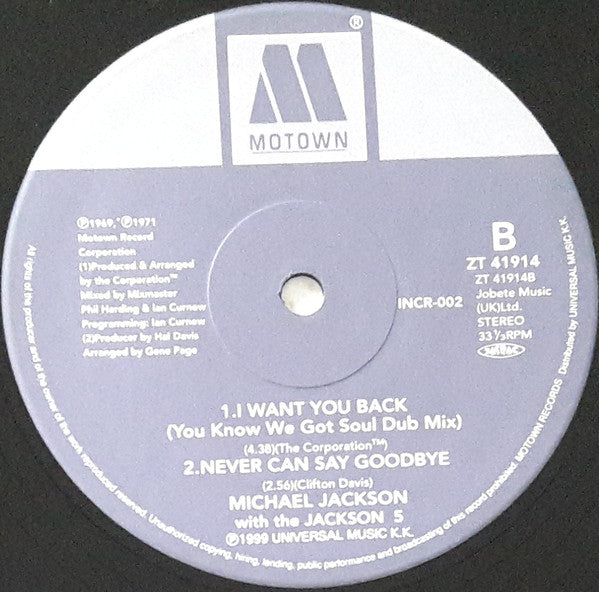 Michael Jackson With The Jackson 5 : I Want You Back '88 Remix (12", Single, RE)