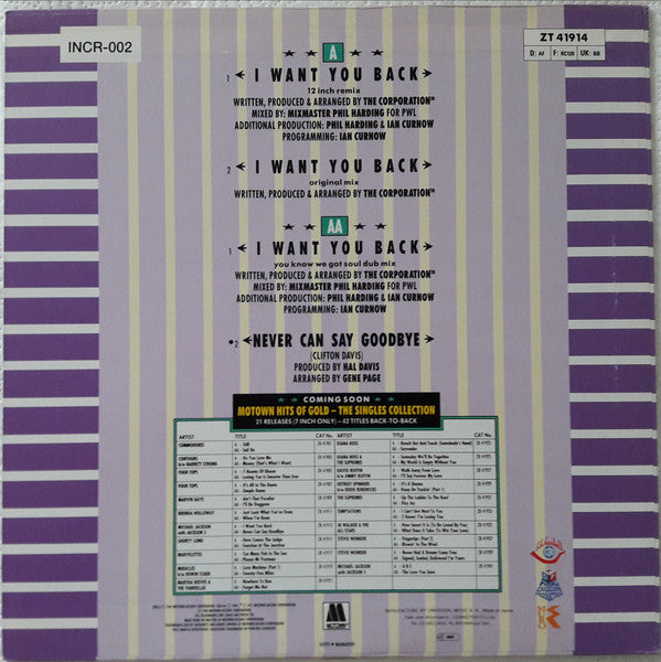 Michael Jackson With The Jackson 5 : I Want You Back '88 Remix (12", Single, RE)