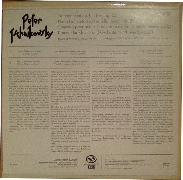 Pyotr Ilyich Tchaikovsky - Leonard Pennario, Los Angeles Philharmonic Orchestra, Erich Leinsdorf : Konzert Für Klavier Und Orchester Nr.1 B-Moll (LP)