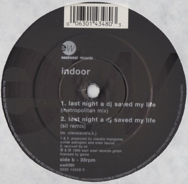 Indoor (2) : Last Night A DJ Saved My Life (12", Maxi)