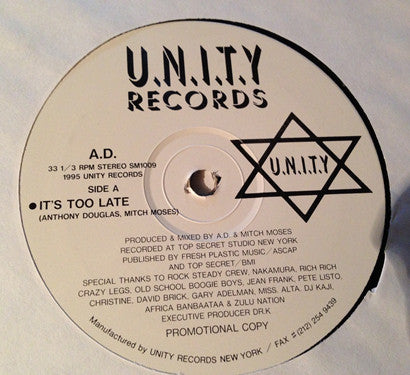 A.D. (5) : It's Too Late (12", Promo)