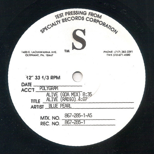 Blue Pearl : Alive (12", Single, TP)