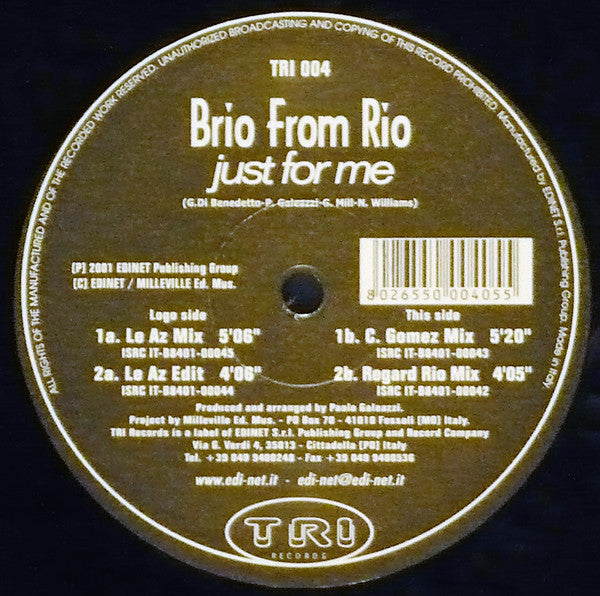 Brio From Rio : Just For Me (12")