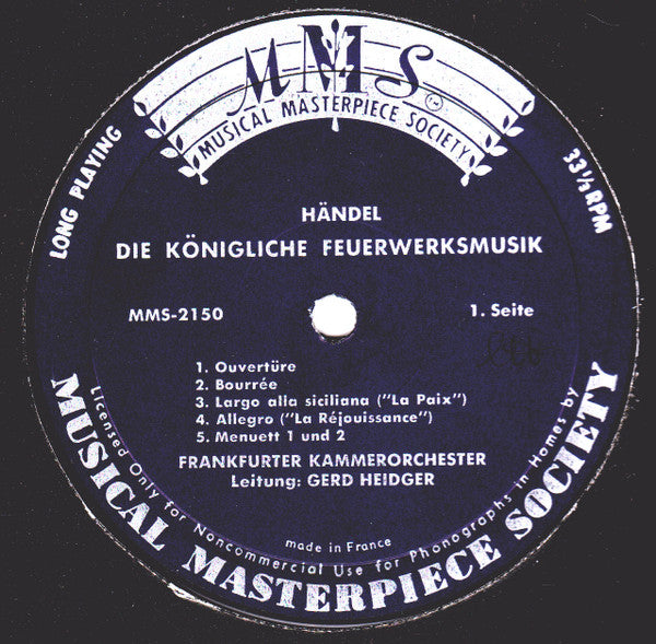 Georg Friedrich Händel, Friedrich Plath, Frankfurt Chamber Orchestra, Gerd Heidger : Feuerwerksmusik - Oboenkonzerte: Nr. 1 In B-Dur / Nr. 3 In G-Moll (LP)