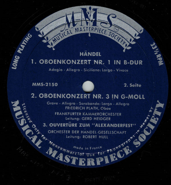 Georg Friedrich Händel, Friedrich Plath, Frankfurt Chamber Orchestra, Gerd Heidger : Feuerwerksmusik - Oboenkonzerte: Nr. 1 In B-Dur / Nr. 3 In G-Moll (LP)