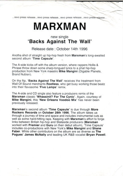 Marxman : Backs Against The Wall (12", Promo)