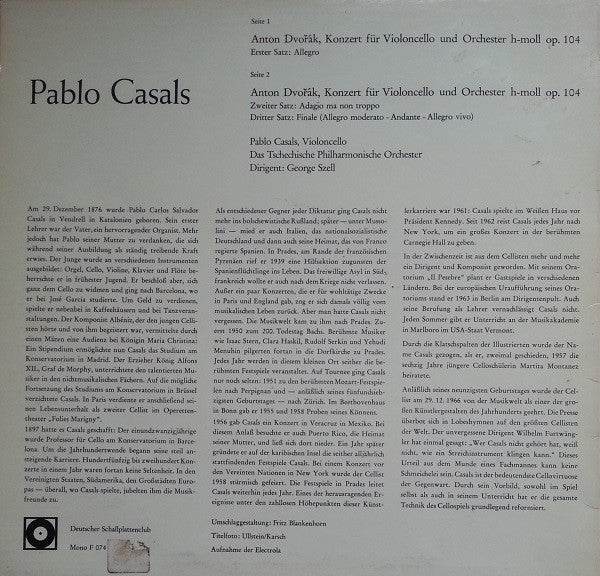 Pablo Casals - Antonín Dvořák - The Czech Philharmonic Orchestra Dirigent: George Szell : Konzert Für Violoncello Und Orchester H-Moll Op. 104 (LP, Mono, Club)