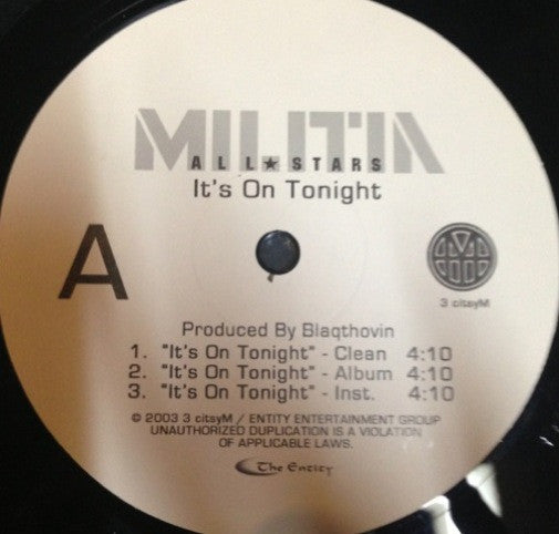 Militia (5) : It's On Tonight / Get On By (12", Promo)