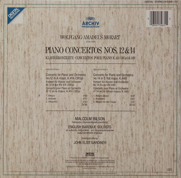 Wolfgang Amadeus Mozart - Malcolm Bilson â€?The English Baroque Soloists â€?John Eliot Gardiner : Piano Concertos Nos. 12 & 14 â€?Klavierkonzerte â€?Concertos Pour Piano K.414 & K.449 (LP, Album, Gat)