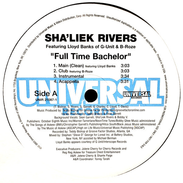 Sha'Liek Rivers : Full Time Bachelor / Grind (12", Promo)