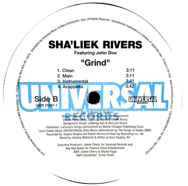Sha'Liek Rivers : Full Time Bachelor / Grind (12", Promo)