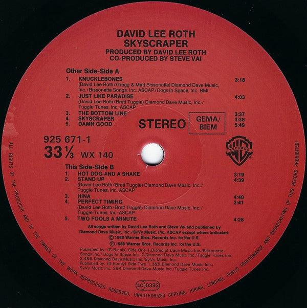 David Lee Roth : Skyscraper (LP, Album)