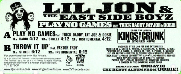 Lil' Jon & The East Side Boyz Feat. Trick Daddy, Fat Joe & Oobie : Play No Games (12", Promo)