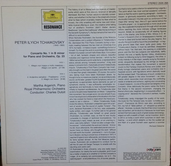 Pyotr Ilyich Tchaikovsky — Martha Argerich · Charles Dutoit - The Royal Philharmonic Orchestra : Piano Concerto No. 1 In B Minor For Piano And Orchestra,Op. 23 (LP, Ste)