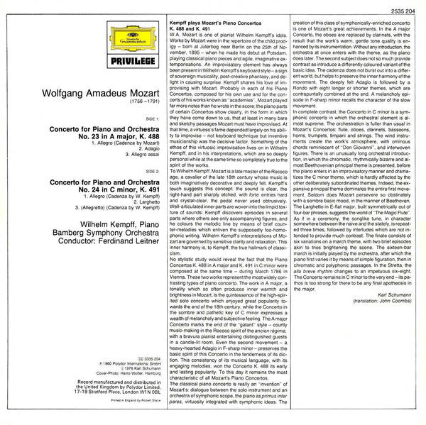Wolfgang Amadeus Mozart, Wilhelm Kempff, Bamberger Symphoniker, Ferdinand Leitner : Piano Concertos No. 23 In A Major, K. 488 âˆ?No. 24 In C Minor, K. 491 (LP, RE)