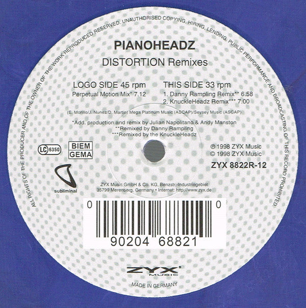 The Pianoheadz : Distortion (Remixes) (12", Maxi, Pur)