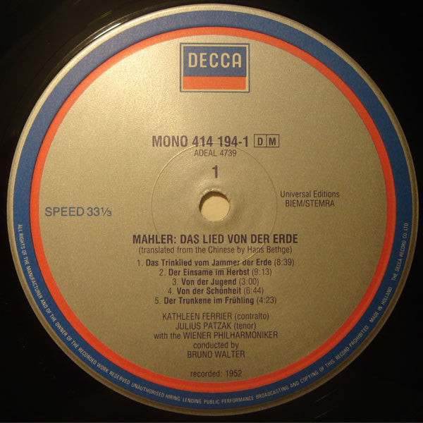 Gustav Mahler - Kathleen Ferrier, Julius Patzak, Wiener Philharmoniker, Bruno Walter : Das Lied Von Der Erde • The Song Of The Earth • Le Chant De La Terre (LP, Mono)
