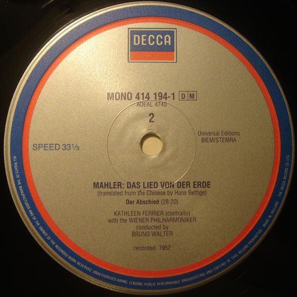 Gustav Mahler - Kathleen Ferrier, Julius Patzak, Wiener Philharmoniker, Bruno Walter : Das Lied Von Der Erde • The Song Of The Earth • Le Chant De La Terre (LP, Mono)