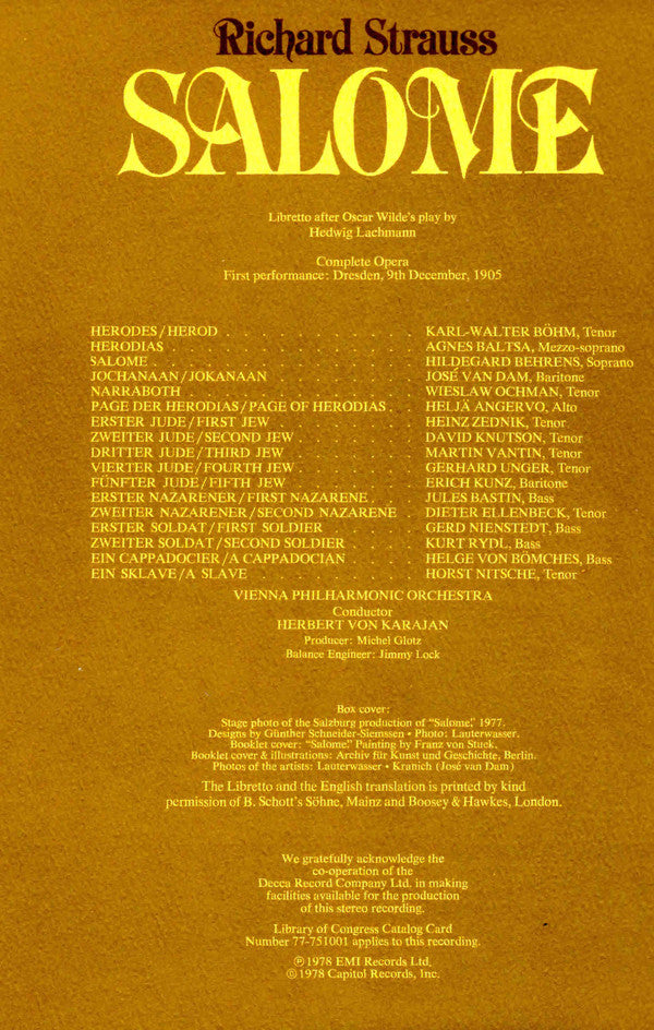 Richard Strauss - Hildegard Behrens, José van Dam, Karl-Walter Böhm, Agnes Baltsa, Wiesław Ochman, Heljä Angervo, Wiener Philharmoniker, Herbert von Karajan : Salome (2xLP + Box)