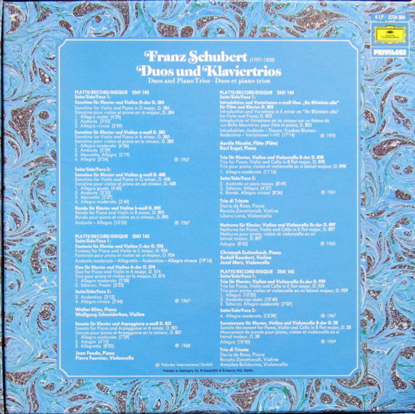 Franz Schubert - Wolfgang Schneiderhan • Pierre Fournier • Aurèle Nicolet • Trio Di Trieste : Duos Und Klaviertrios (4xLP, Comp + Box)
