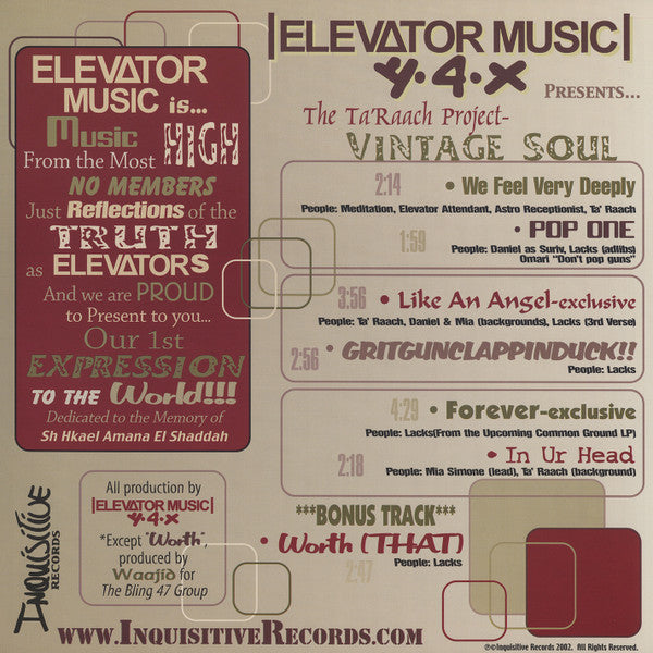 Various : Elevator Music Presents... The Ta'Raach Project - Vintage Soul (12")