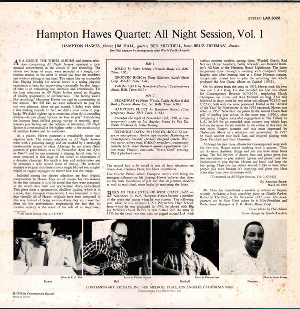 Hampton Hawes Quartet : All Night Session, Vol. 1 (LP, Album, Ltd, RE)